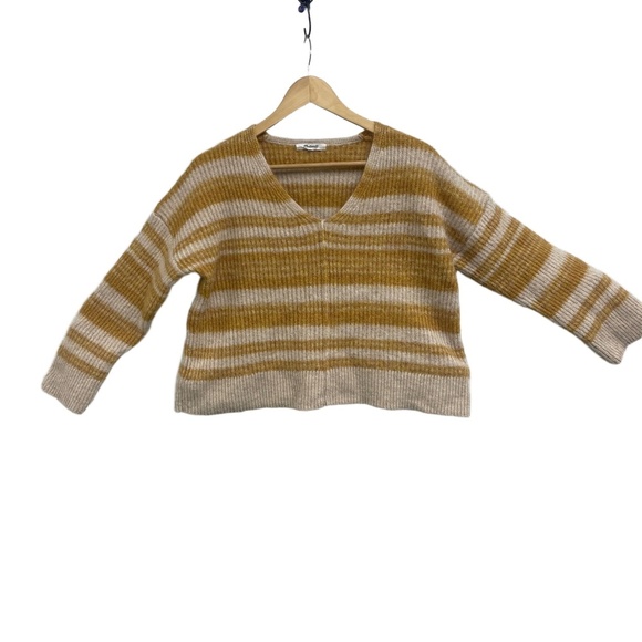 Madewell Sweater Gold Beige‎ Striped Chunky V-Neck Fuzzy Cropped Medium - Picture 1 of 13